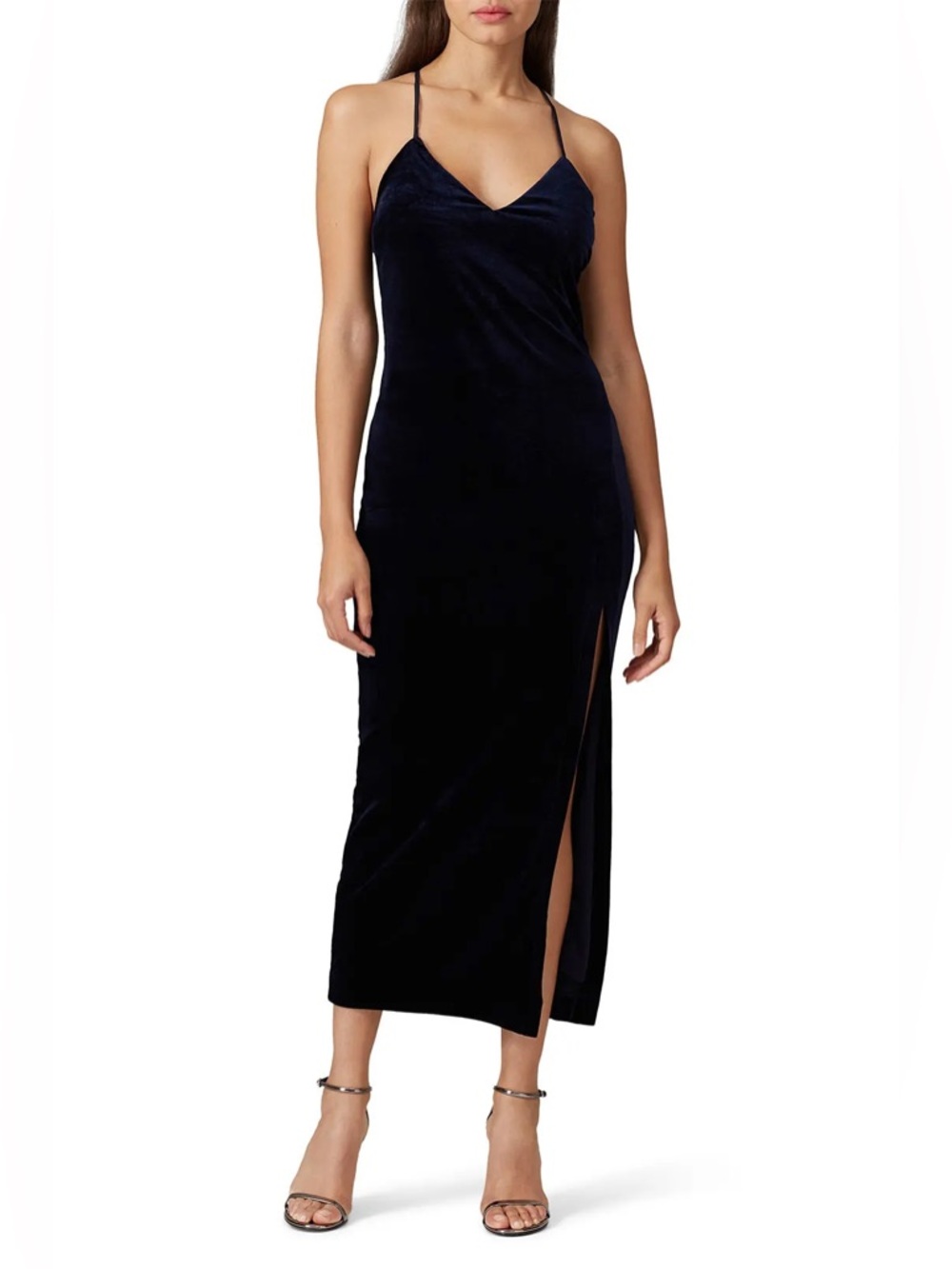 Bardot Raven Navy Blue Velvet High Slit Dress Size 8 Medium Sheath V Neck